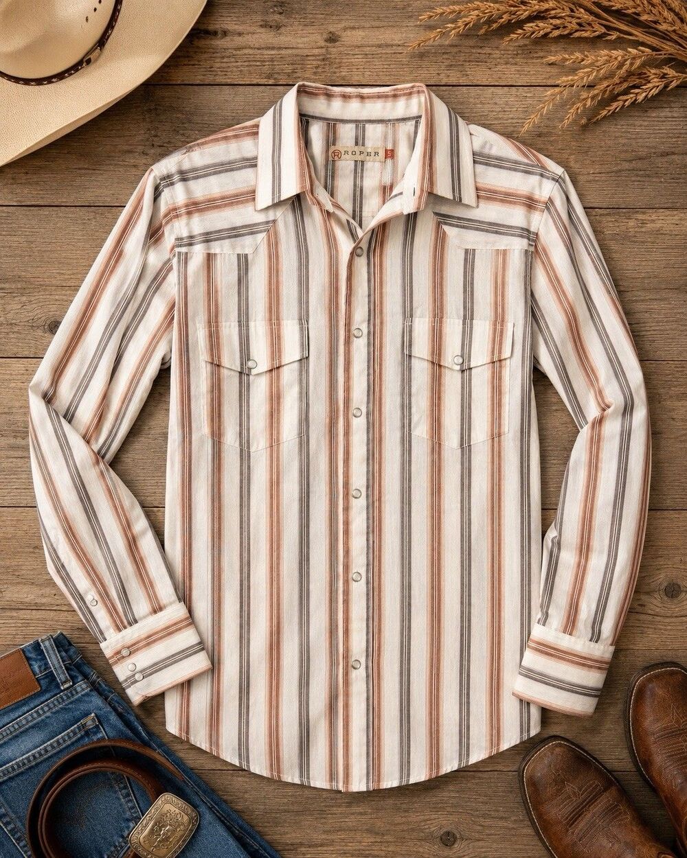 Roper Men’s Large Western Pearl Snap Shirt Striped Long Sleeve Cowboy Rodeo